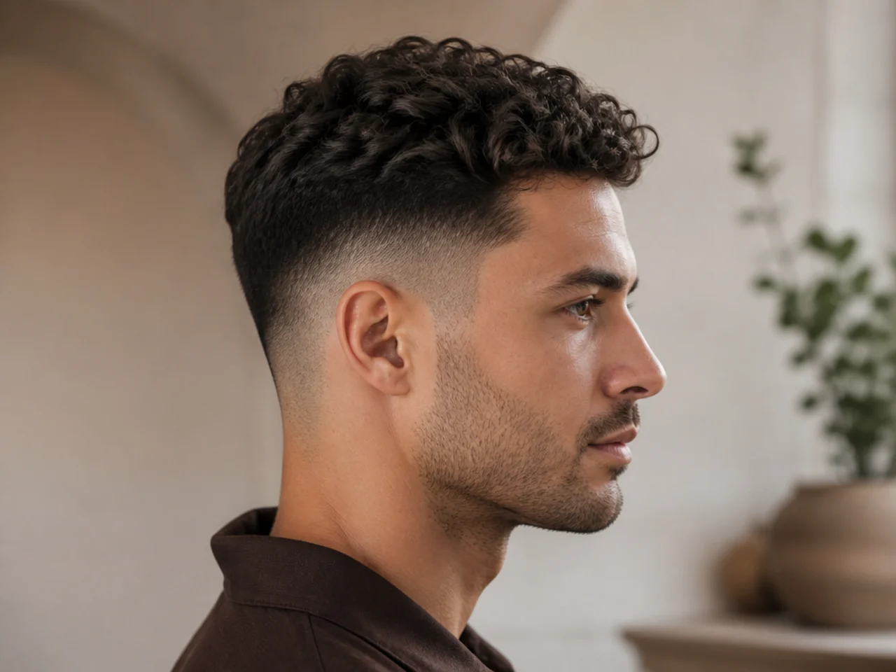 A thick curly ivy league haircut