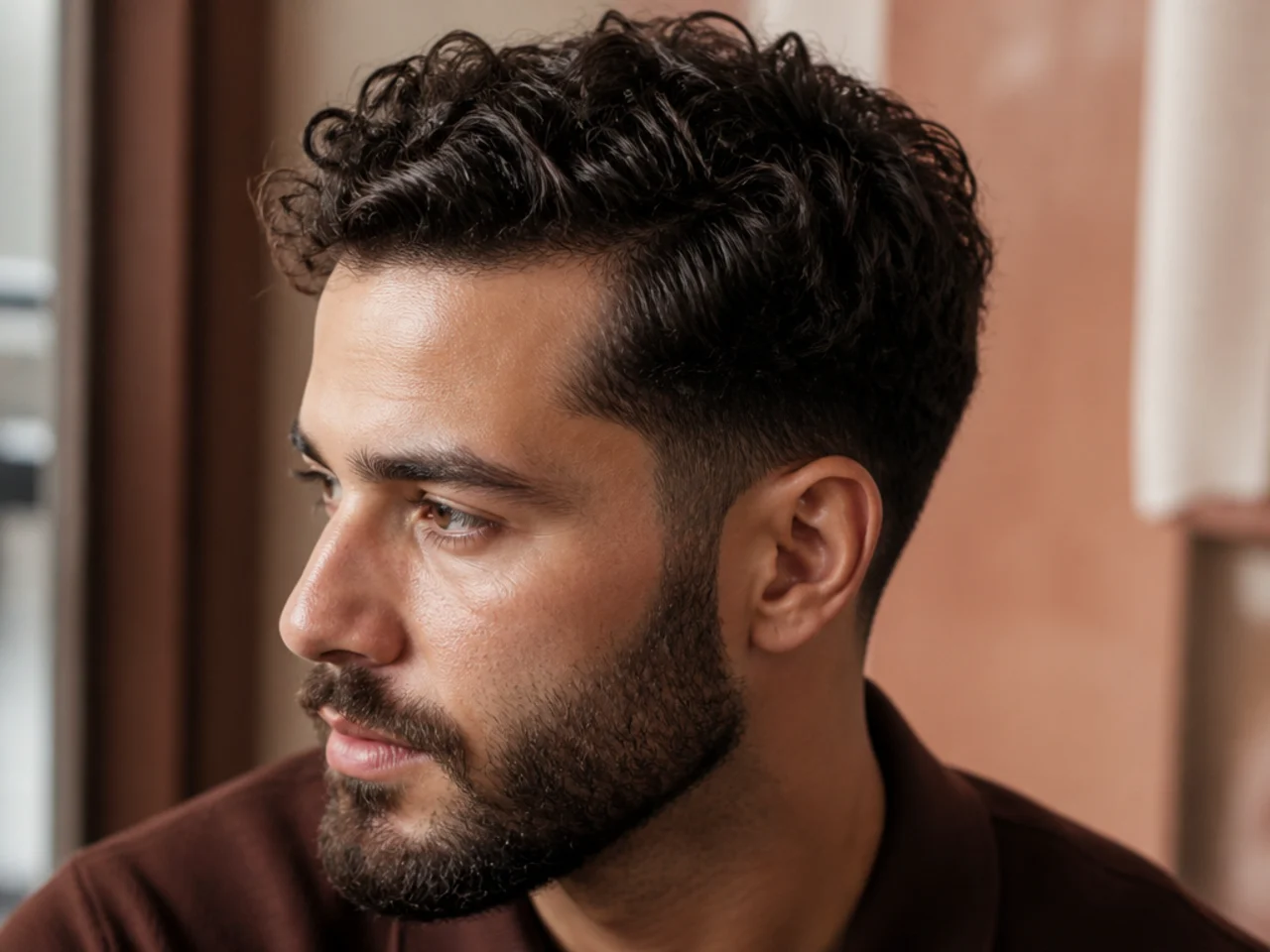 A curly ivy league haircut with a beard