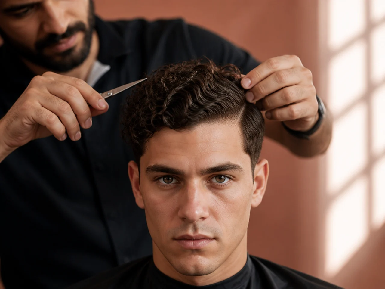 A curly ivy league being cut dry