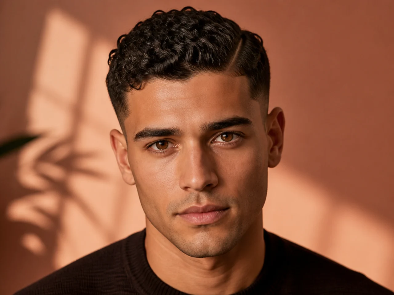 A curly ivy league with a hard part cut in