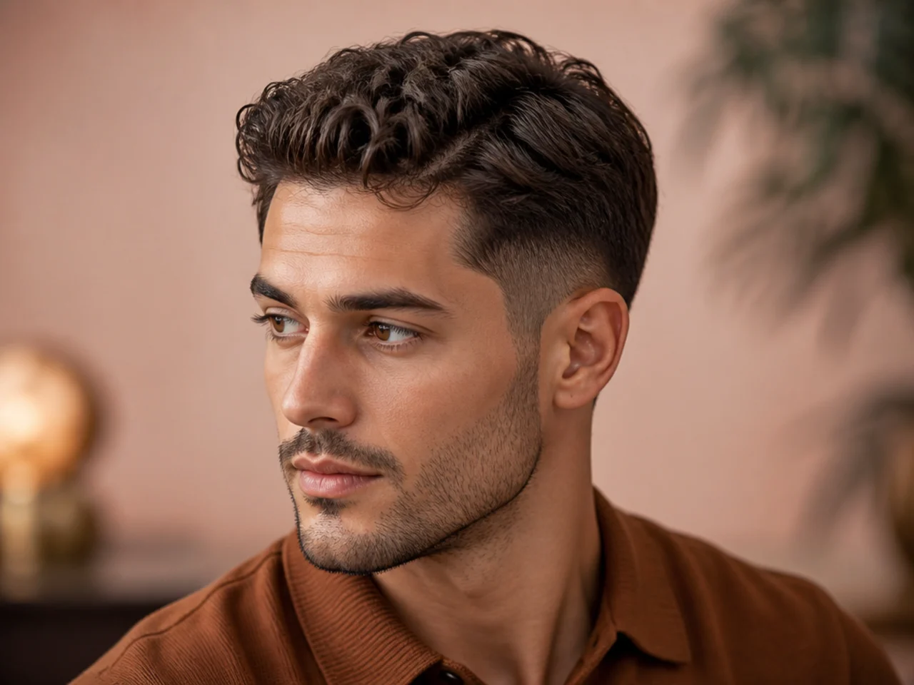 Three-quarter view of a curly ivy league haircut