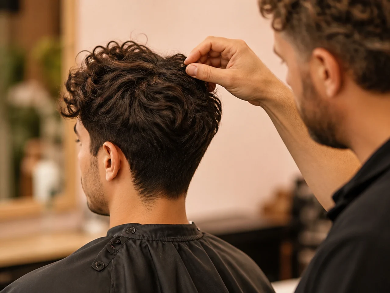 A barber checking curl length dry before cutting