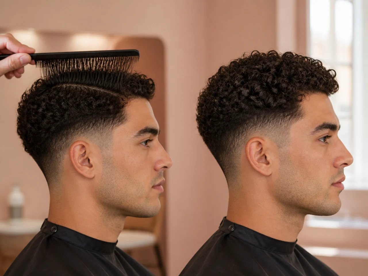 Curly hair stretched under a comb next to the same hair dry
