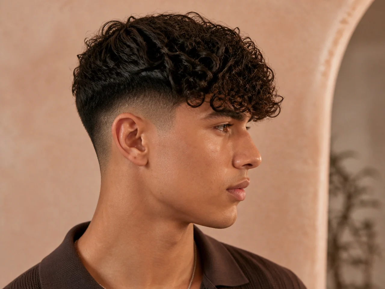 A curly fringe reaching the eyebrow