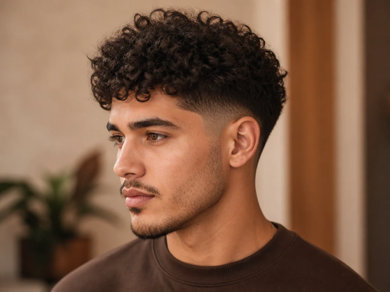 Three-quarter view of a curly men's haircut