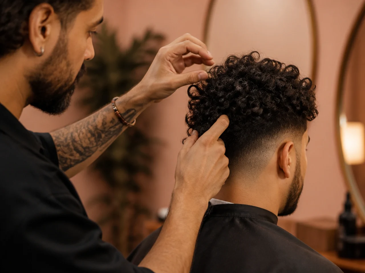 A barber shaping individual curls dry