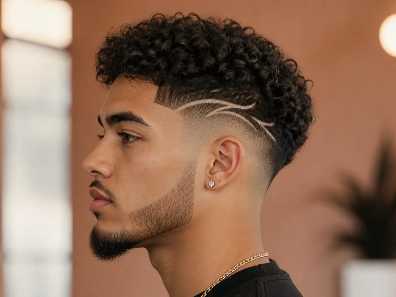 A curly mid fade with a design in the panel