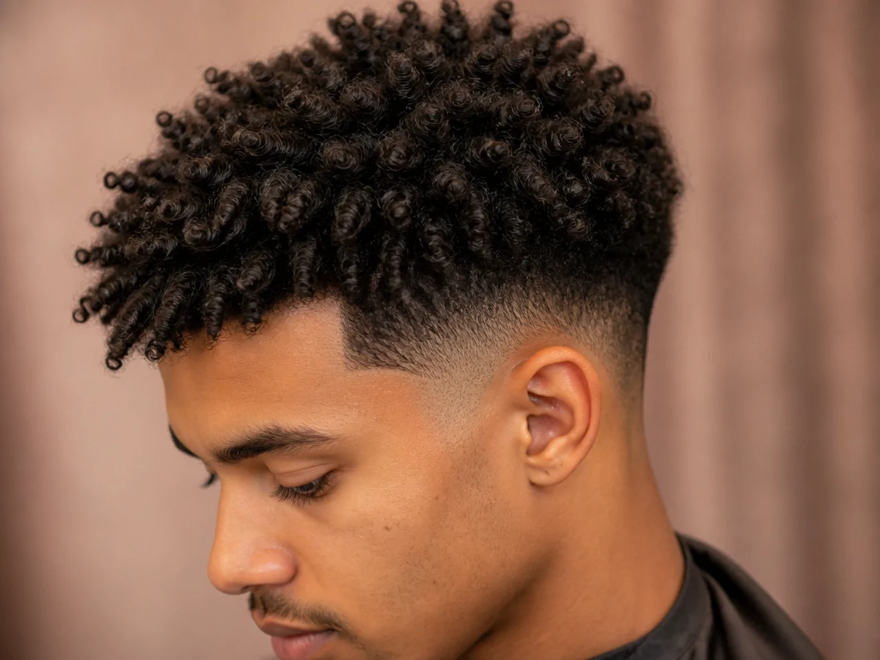 A curly mid fade with a sponge twist top