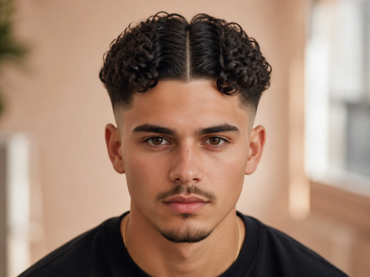 A curly mid fade with a middle part