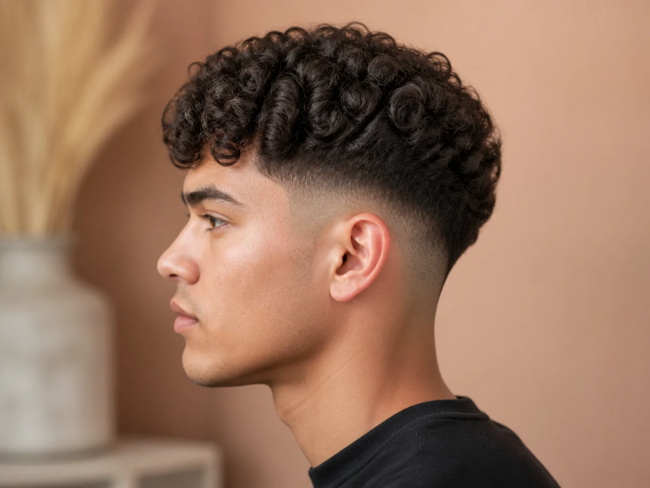 An air-dried curly mid fade