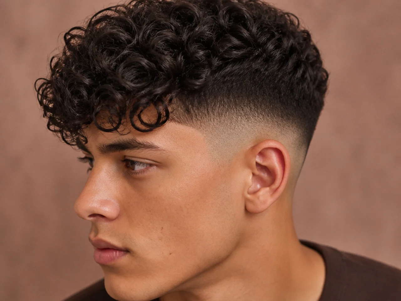 A curly mid fade with a fringe