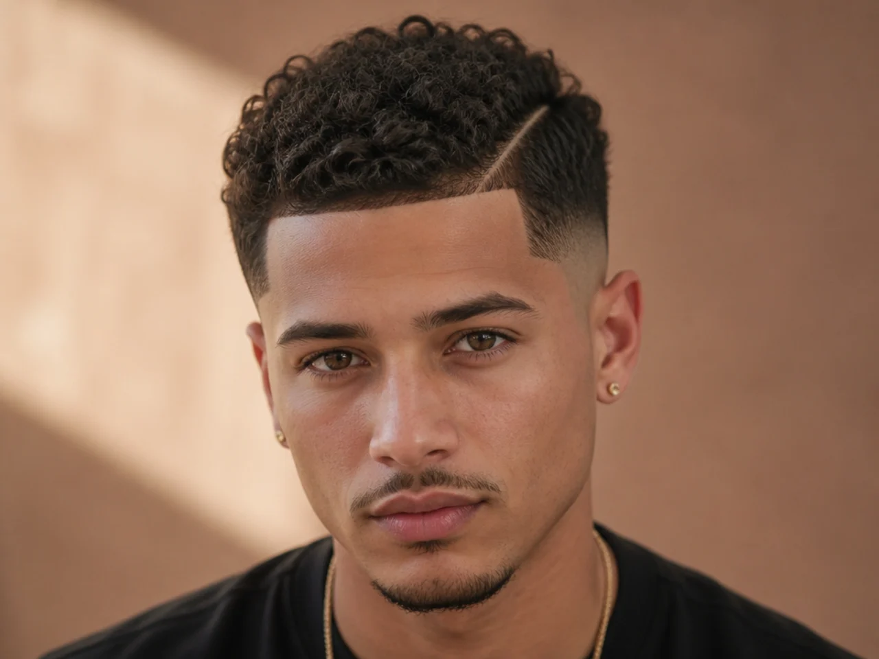 A curly mid fade with a hard part