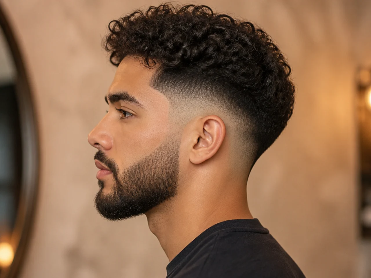 A curly mid fade with a beard