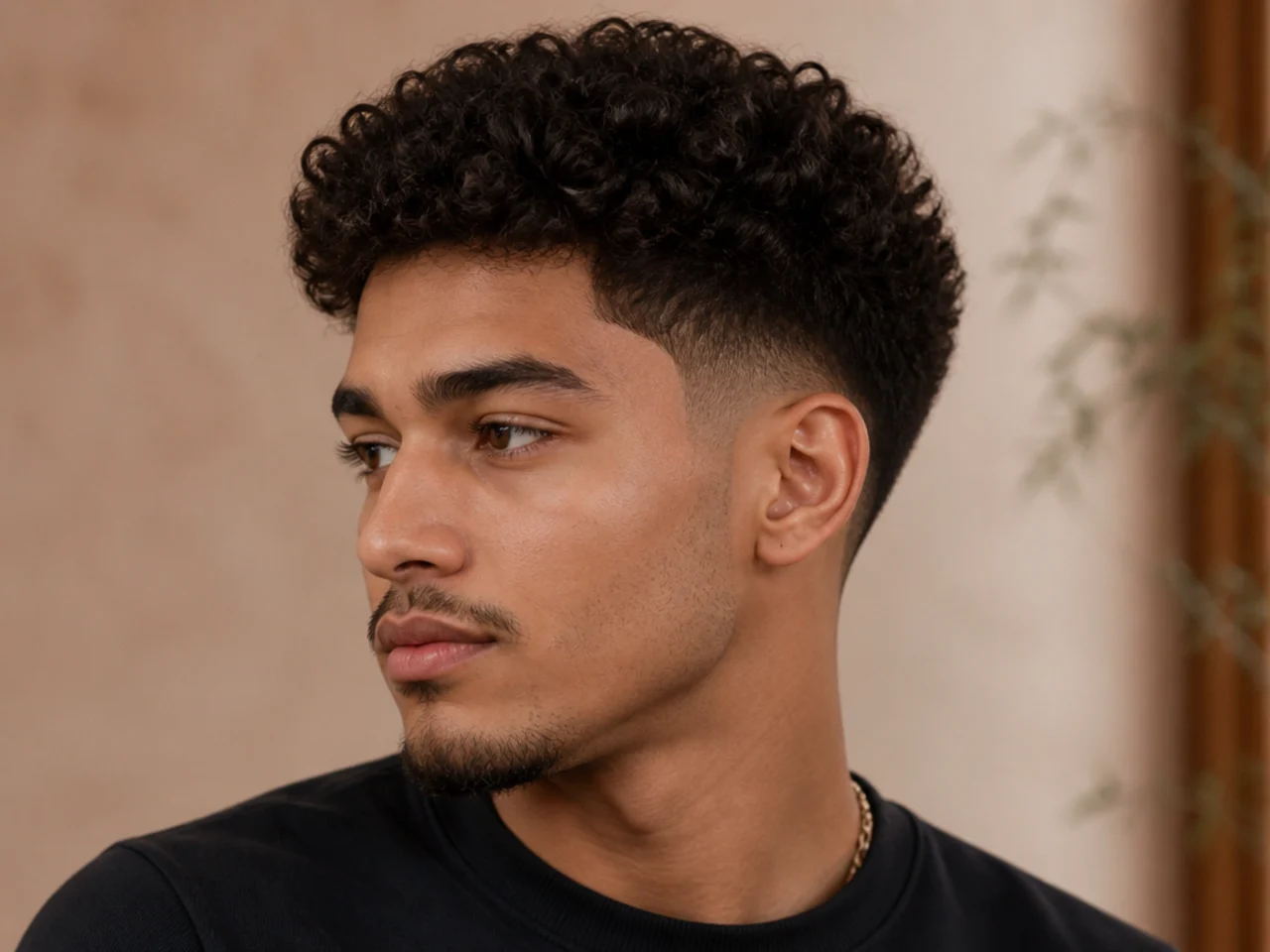 Three-quarter view of a curly mid fade