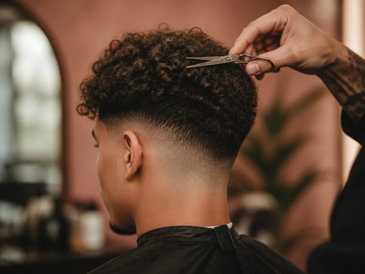 A barber scissor cutting the top of a curly mid fade