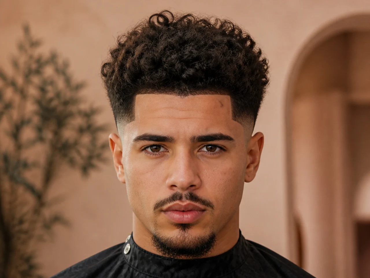An overgrown curly fade with a hard top edge