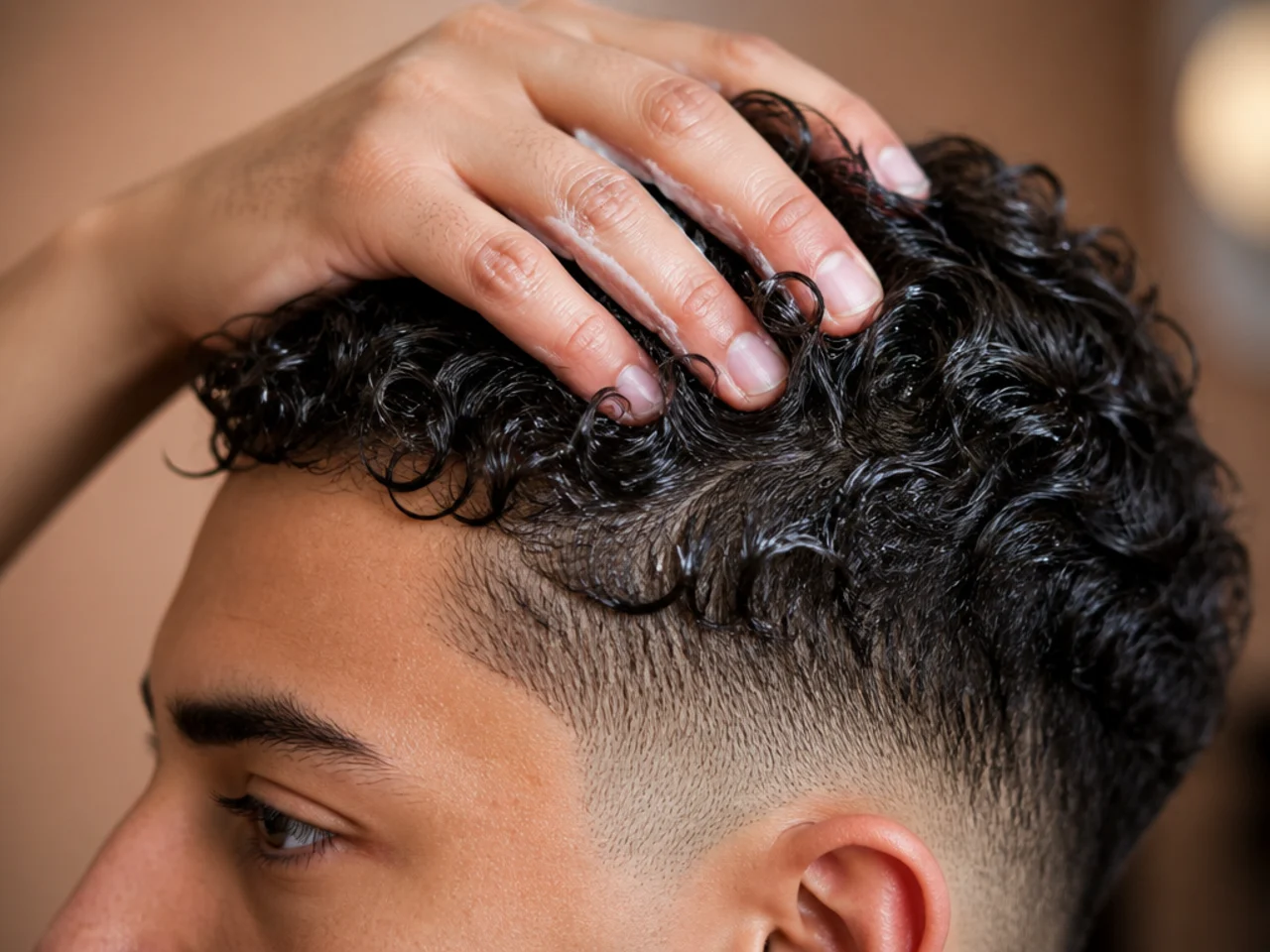 Curl cream being worked into wet hair above a mid fade