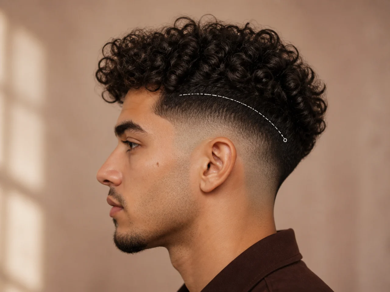 A curly head shown in profile with the parietal ridge marked