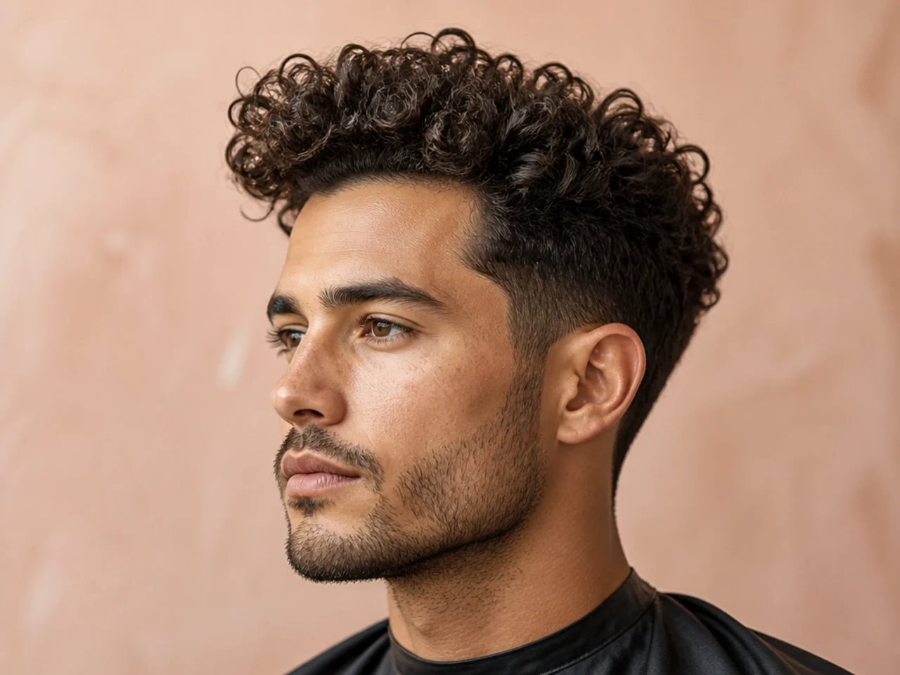 Medium curly quiff on a young man with five-inch stretched front, defined ringlets, and a low fade at the sides