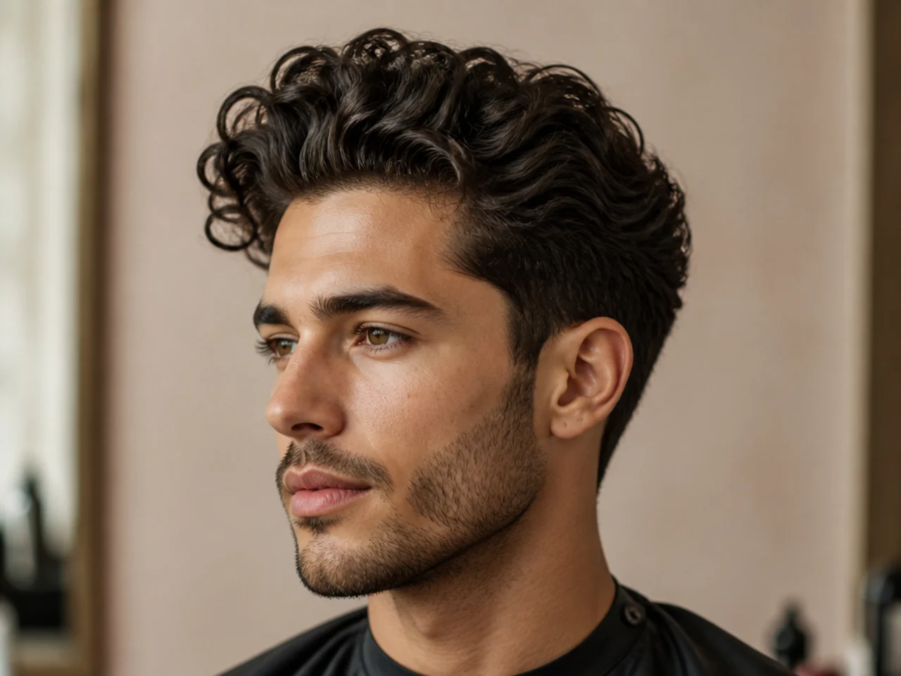 Long curly quiff over seven stretched inches on a young man with defined 3B ringlets and a low taper