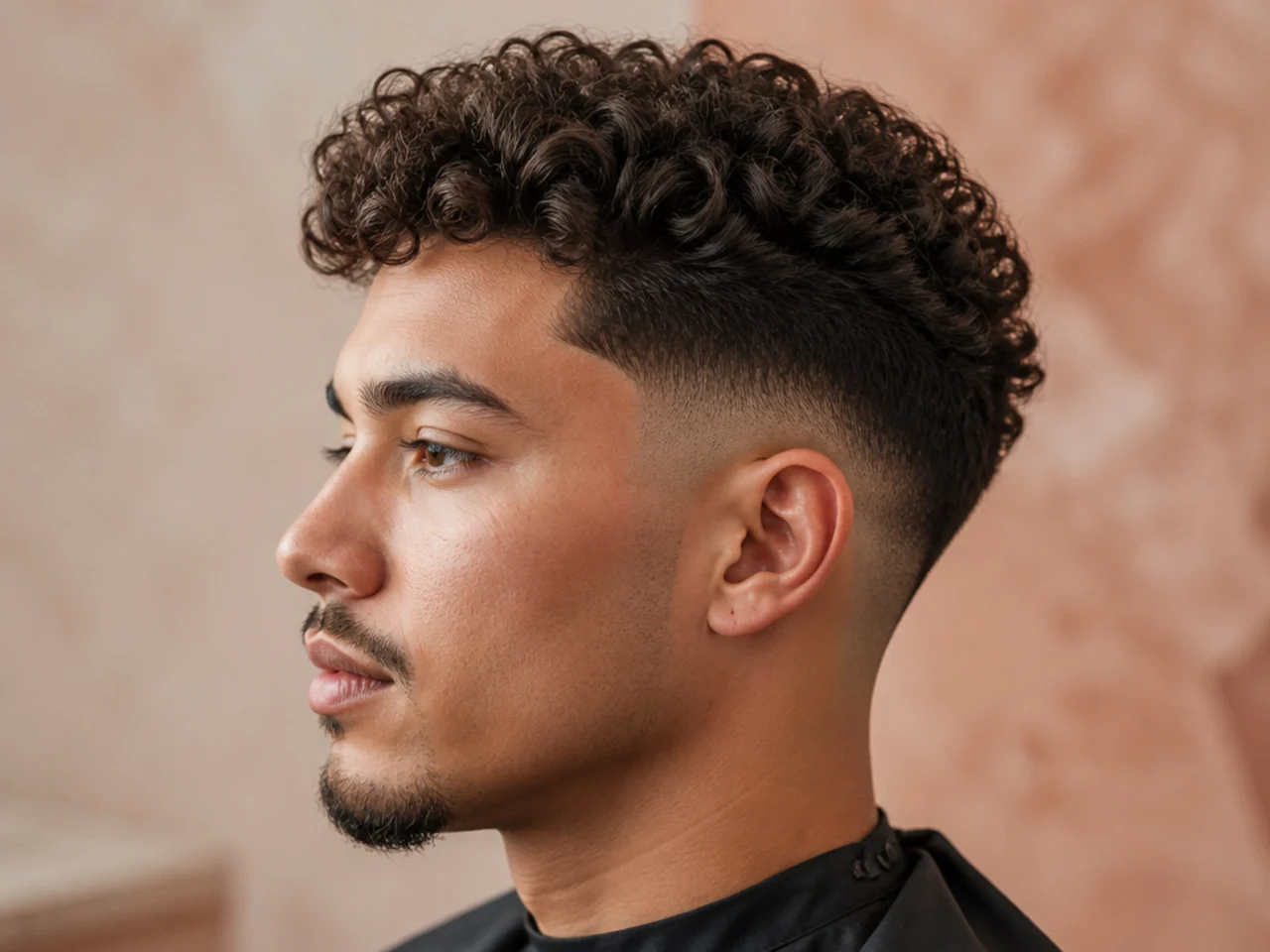 Low fade curly quiff on a young man with clean low fade at the ear and a defined curly top