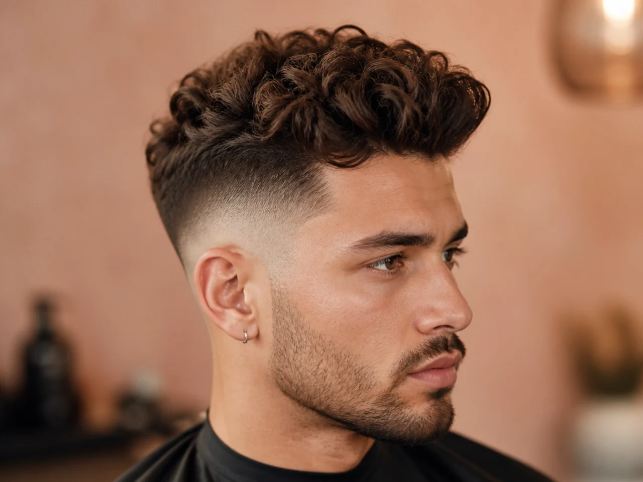 Mid fade curly quiff on a young man with the fade starting at the temple and defined 3B coils lifted on top