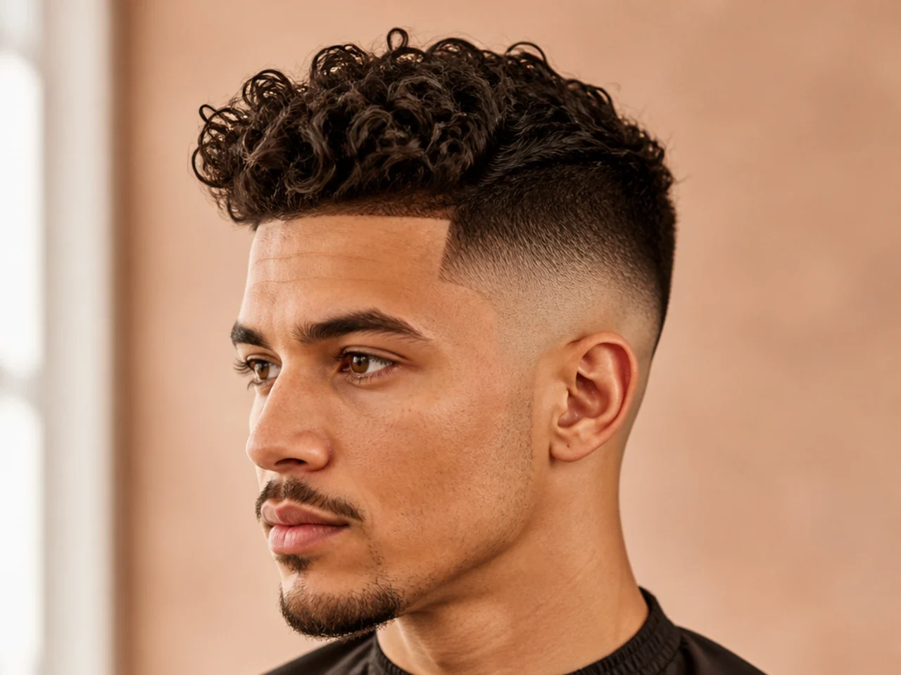 High skin fade curly quiff on a young Black man showing sharp contrast between shaved sides and lifted defined coils