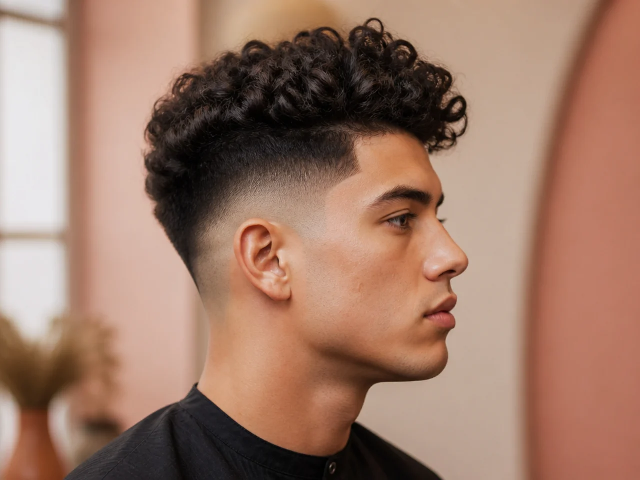 Burst fade curly quiff on a young man showing the fade arcing around the ear with a lifted curly top