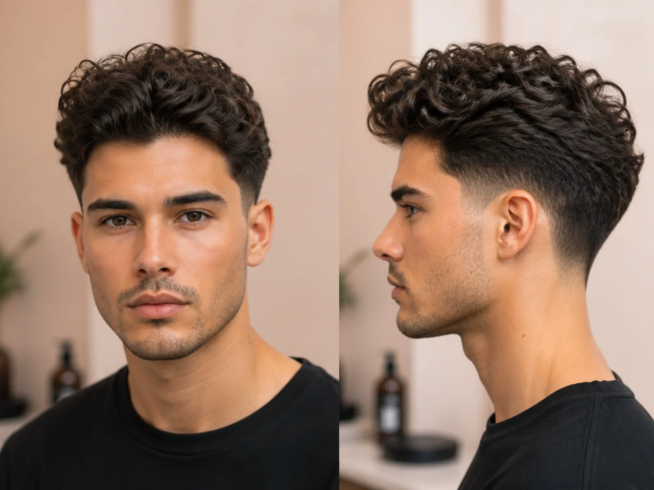 Low taper curly quiff on a young man with a subtle taper at the neckline and around the ears and a defined curly top