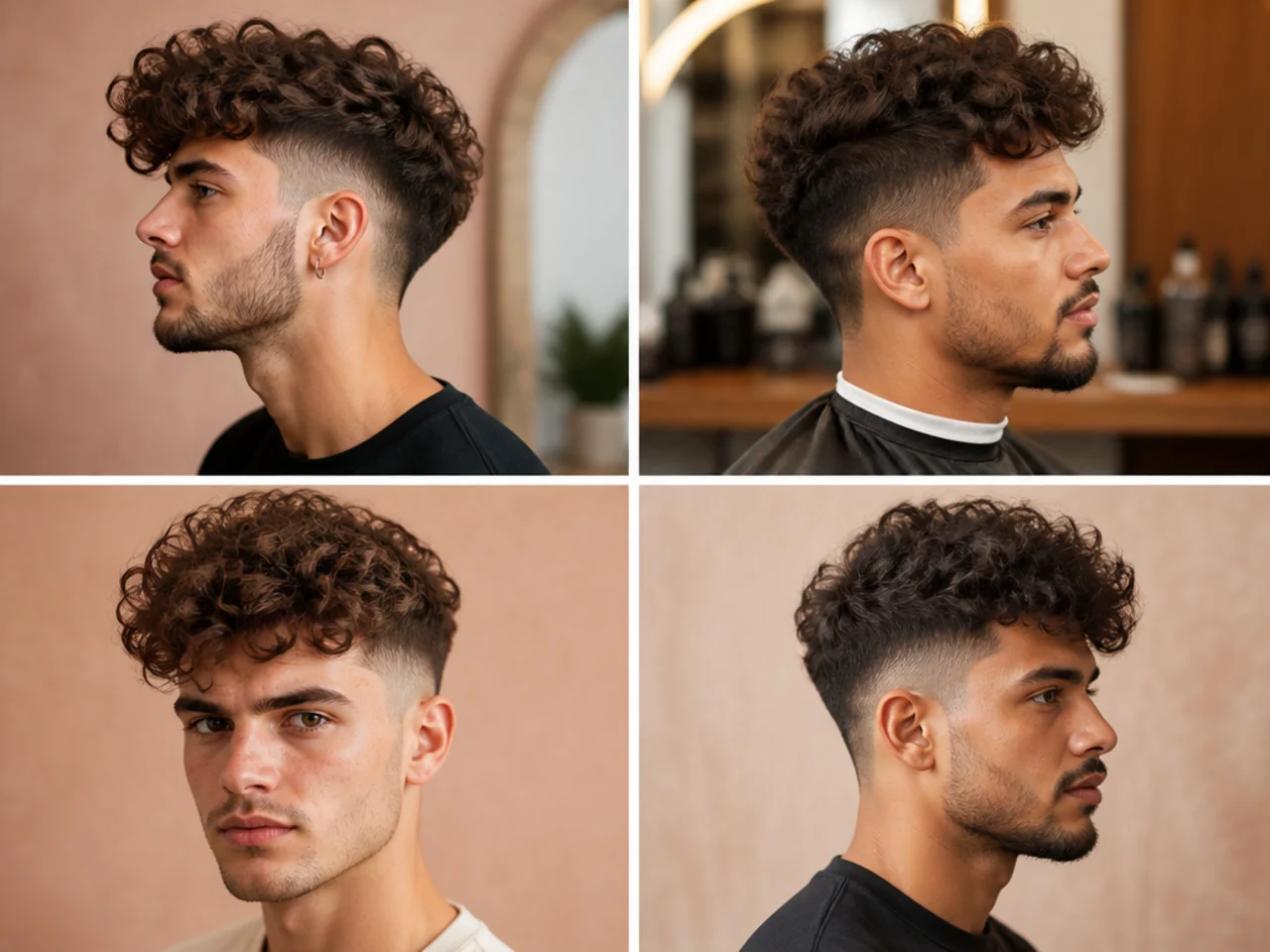 Undercut curly quiff on a young man with disconnected shaved sides and a full volume of 3B coils on top