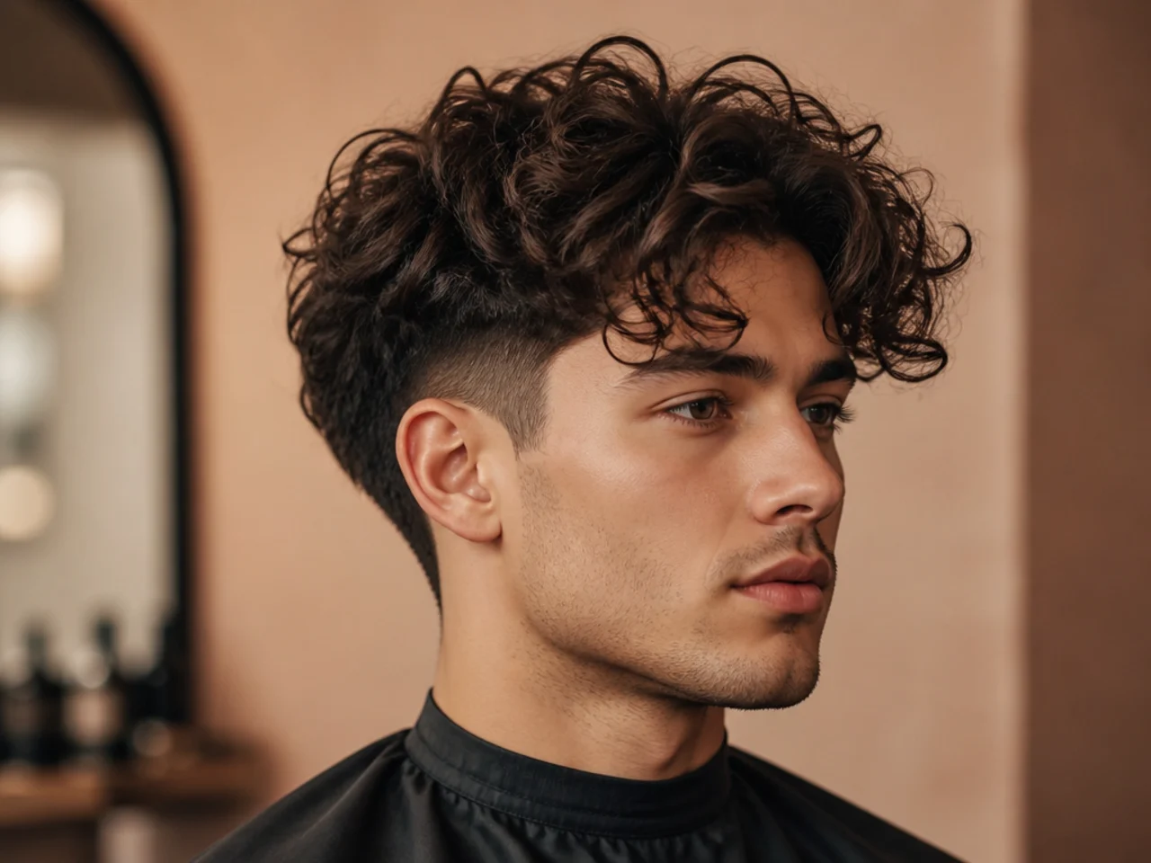 Curly quiff with curtain fringe on a young man showing the front curls parted to fall over both brows with lifted crown