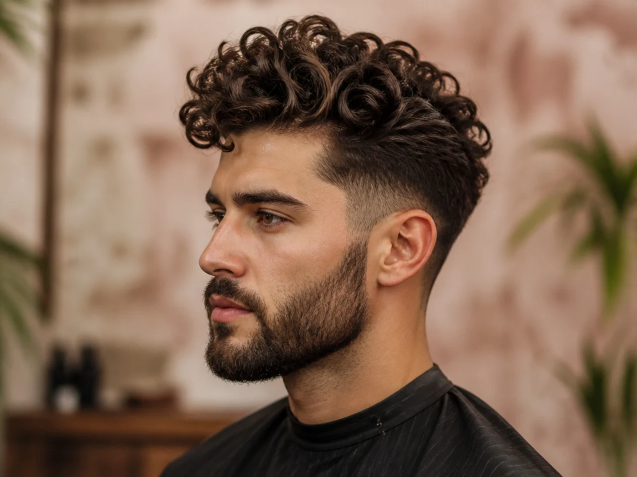Curly quiff paired with a full trimmed beard on a young man showing balanced height and jaw definition