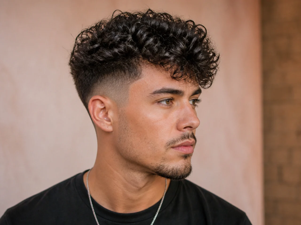 Textured curly quiff with visible ringlet definition on a young man with 3B curls and mid fade sides