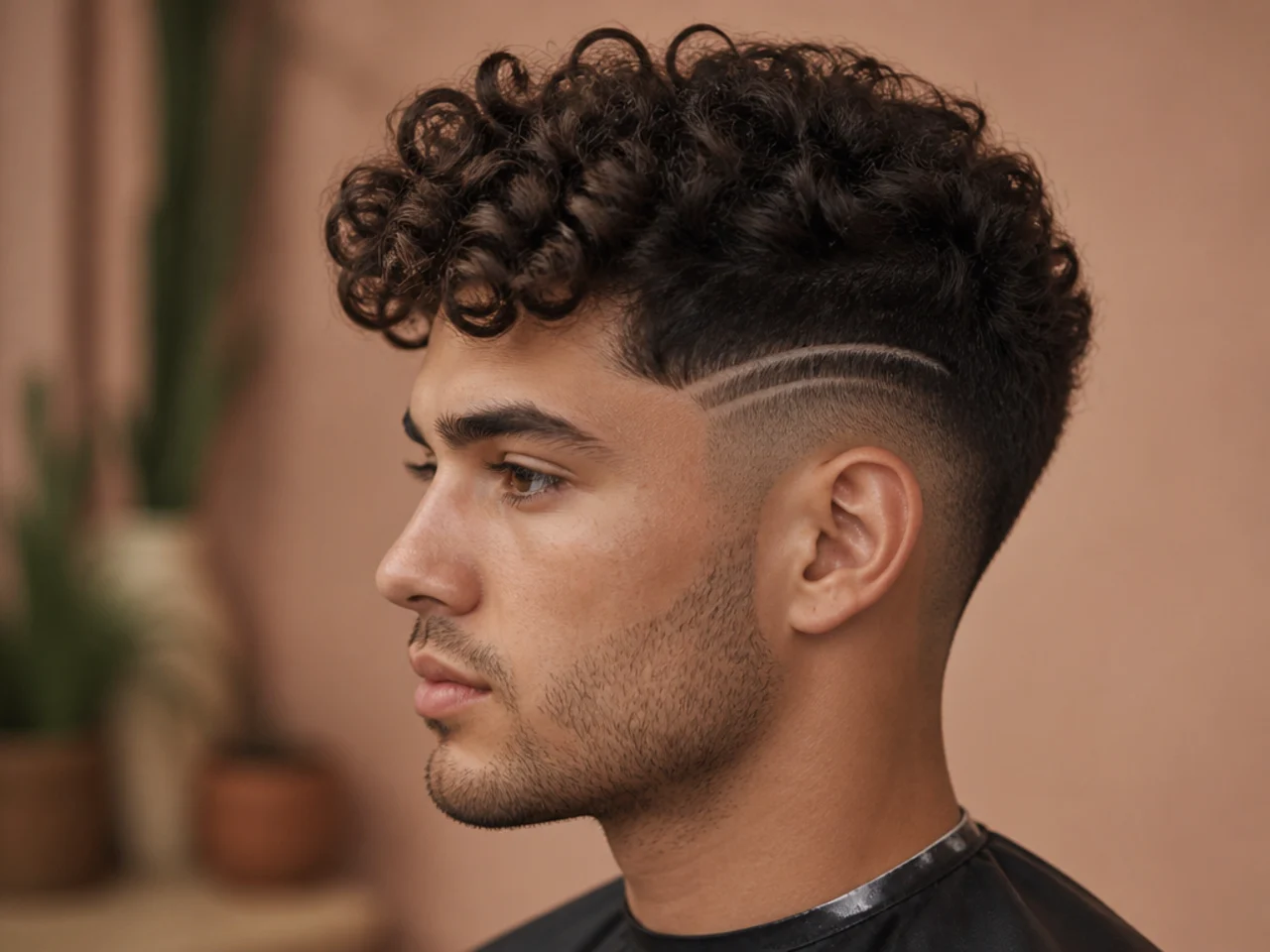 Curly quiff with a shaved line design on a young Black man showing a hard part or hairline design paired with lifted defined coils