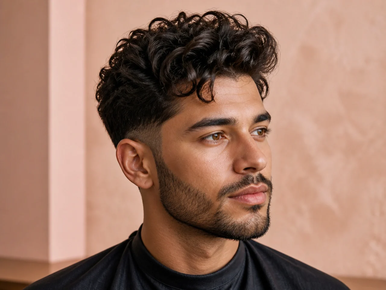 Loose 3A wave curly quiff on a young man showing soft S-shape curls lifted up over a low taper