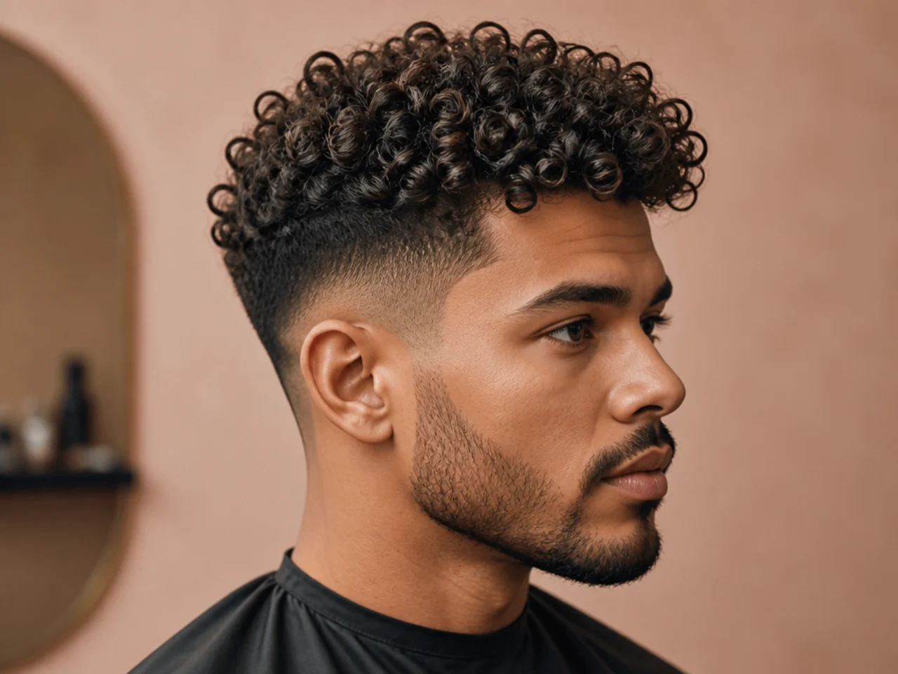Springy 3B ringlet curly quiff on a young man with defined corkscrew curls lifted up and back on a mid taper