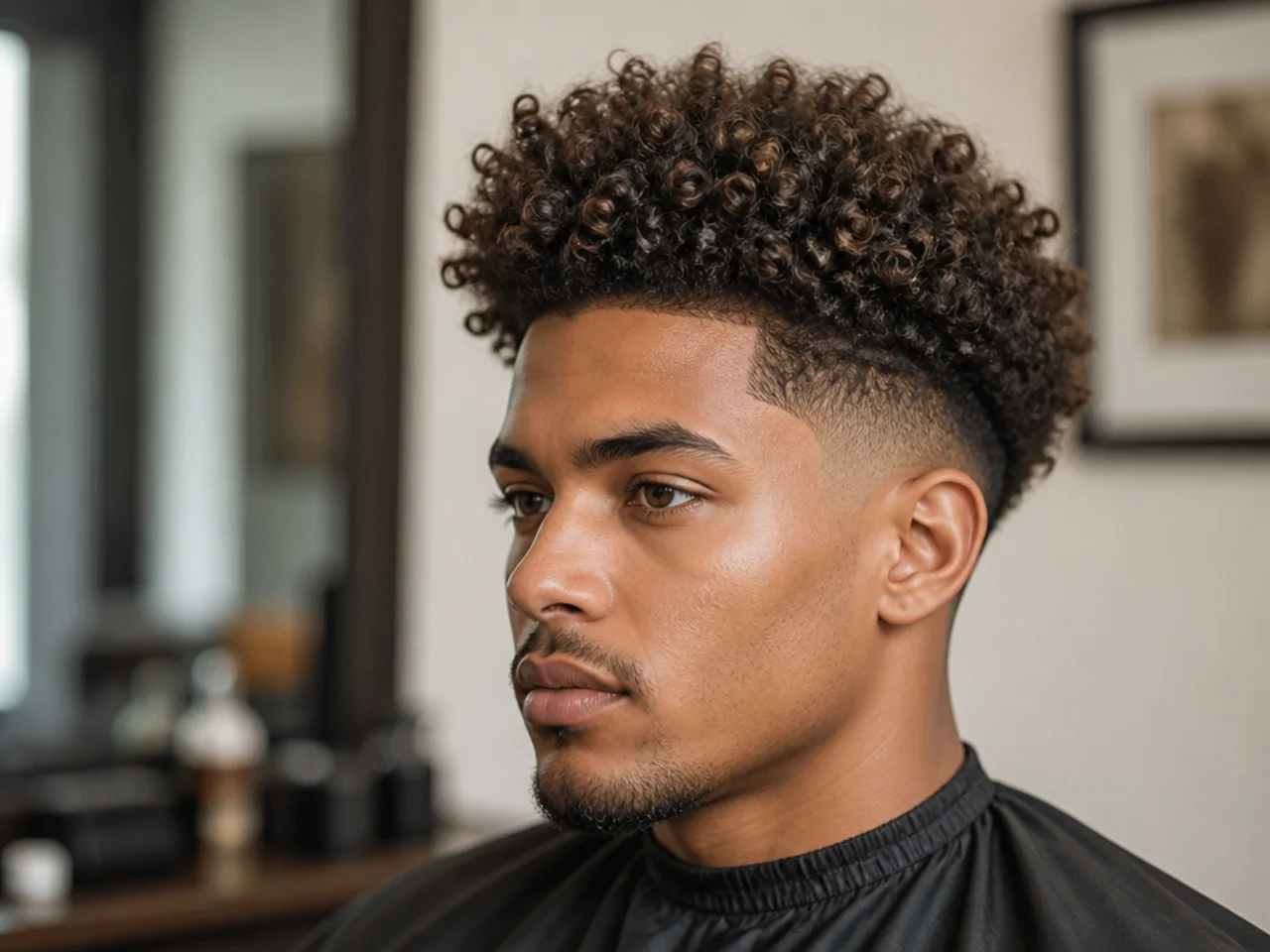 Tight 3C coil curly quiff on a young Black man showing dense coils lifted upward over a skin fade