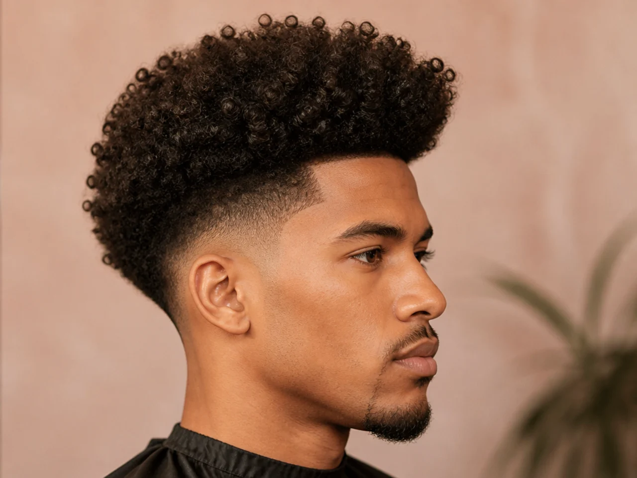 Type 4A kinky curl quiff on a young Black man with dense S-shape coils lifted upward over a mid taper fade