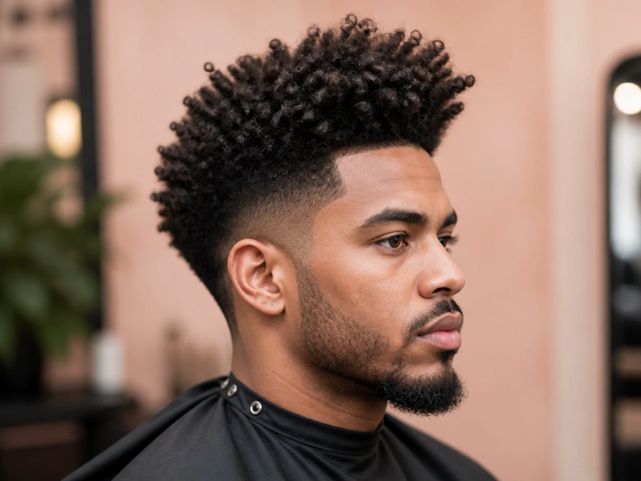 Type 4B cotton coil quiff on a young Black man showing Z-pattern coils shaped into a rounded lifted front
