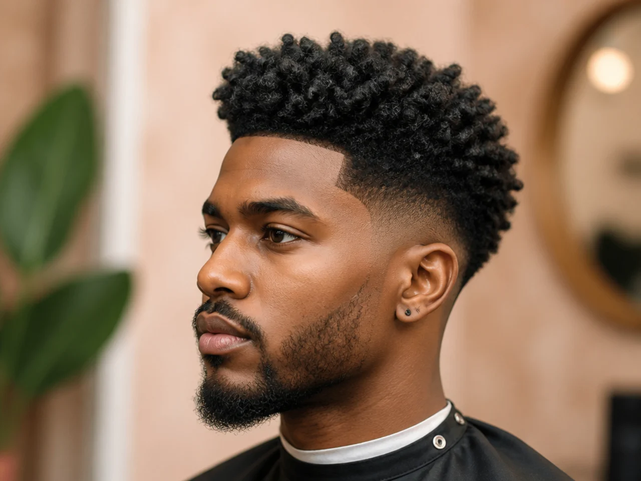 Type 4C coil quiff on a young Black man with tightly packed coils sculpted into a rounded upward silhouette