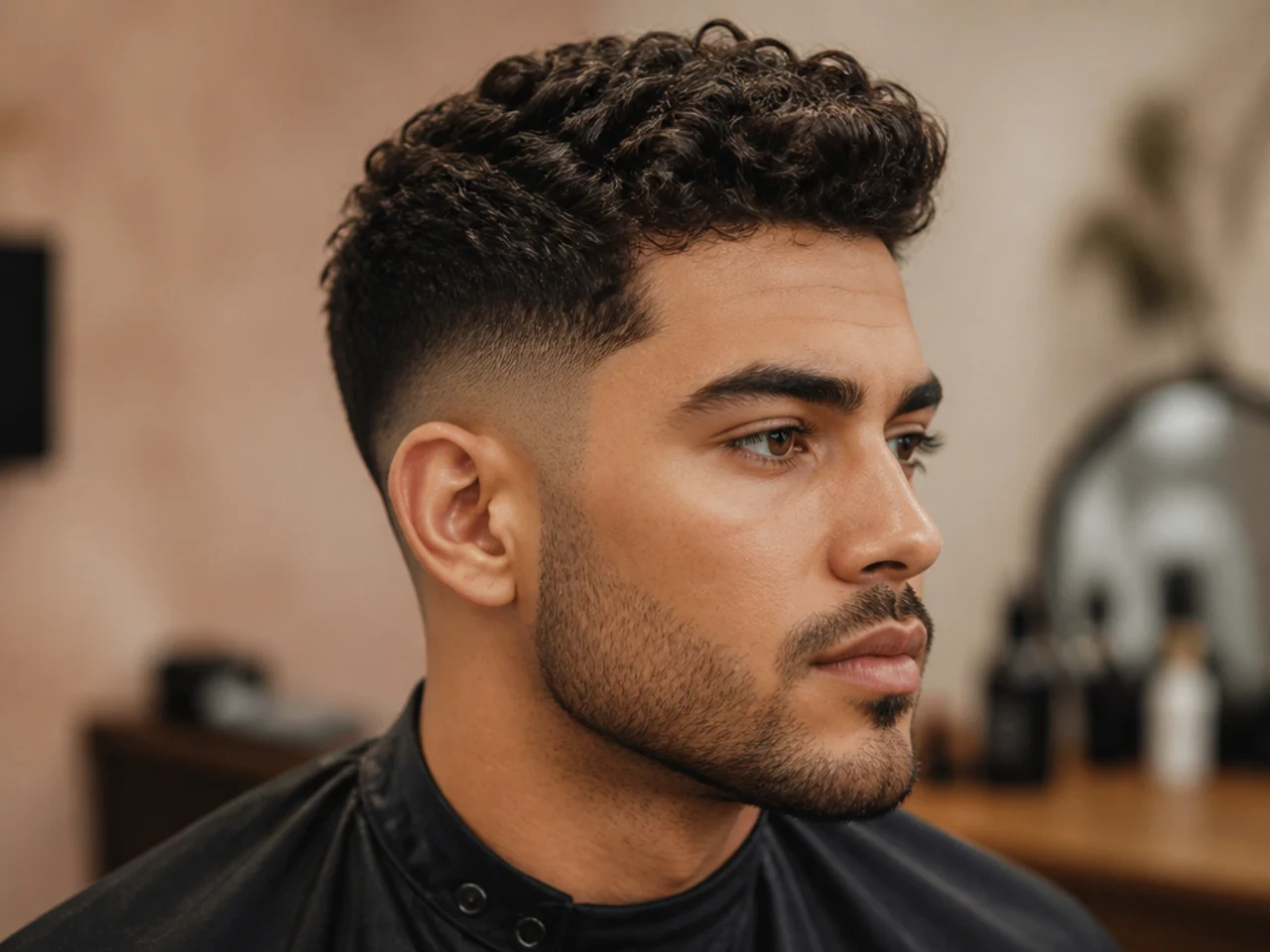 Short curly quiff on a young man with three-inch stretched top, mid fade sides, and a compact rounded front