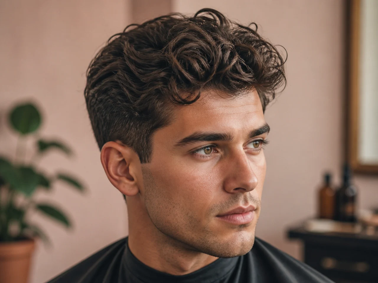 Barbershop consultation showing a young man handing his barber a phone photo reference for a curly quiff on dry hair