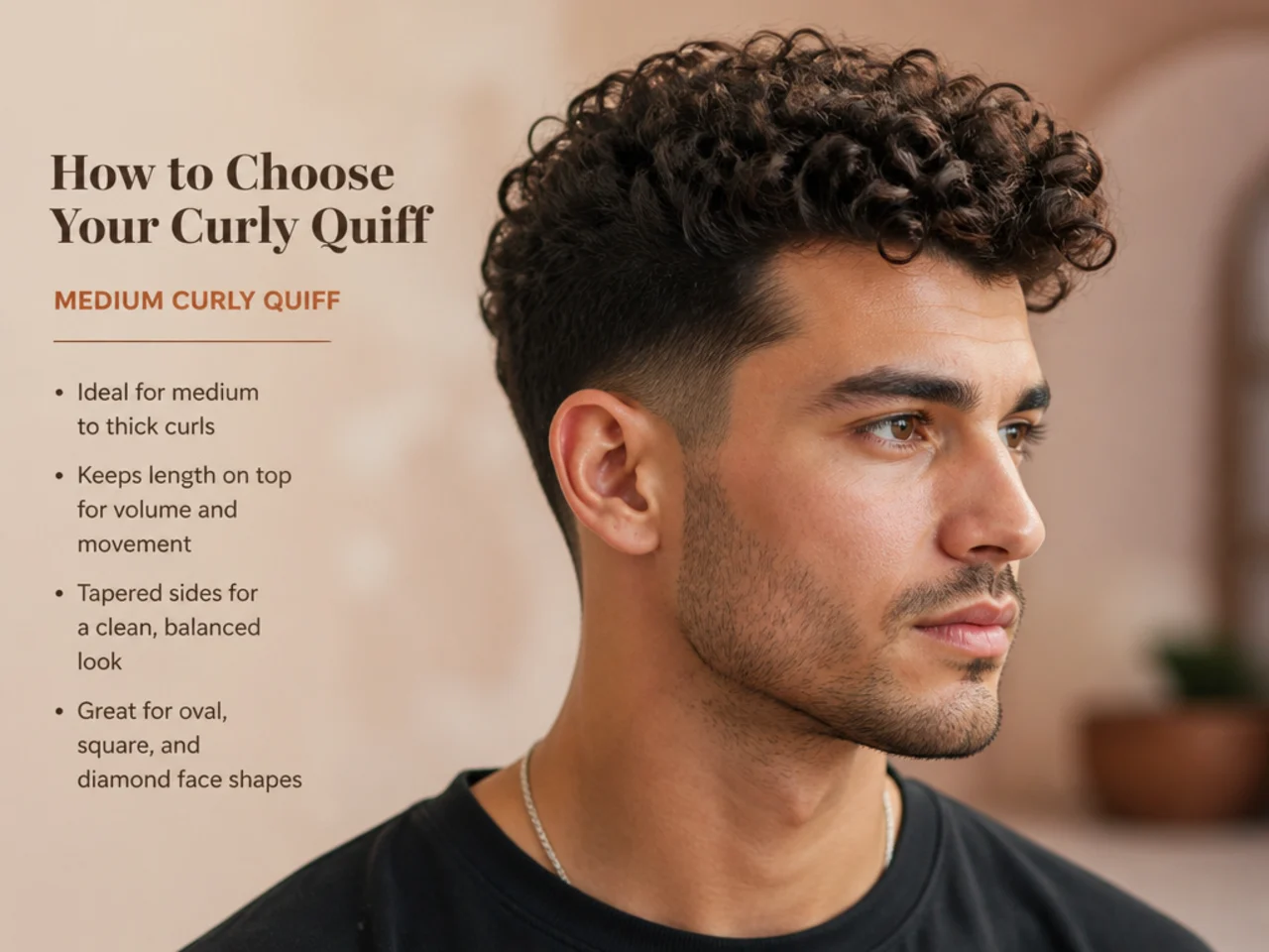 Three-quarter barbershop portrait of a young man with a modern curly quiff framing an oval face on 3B hair