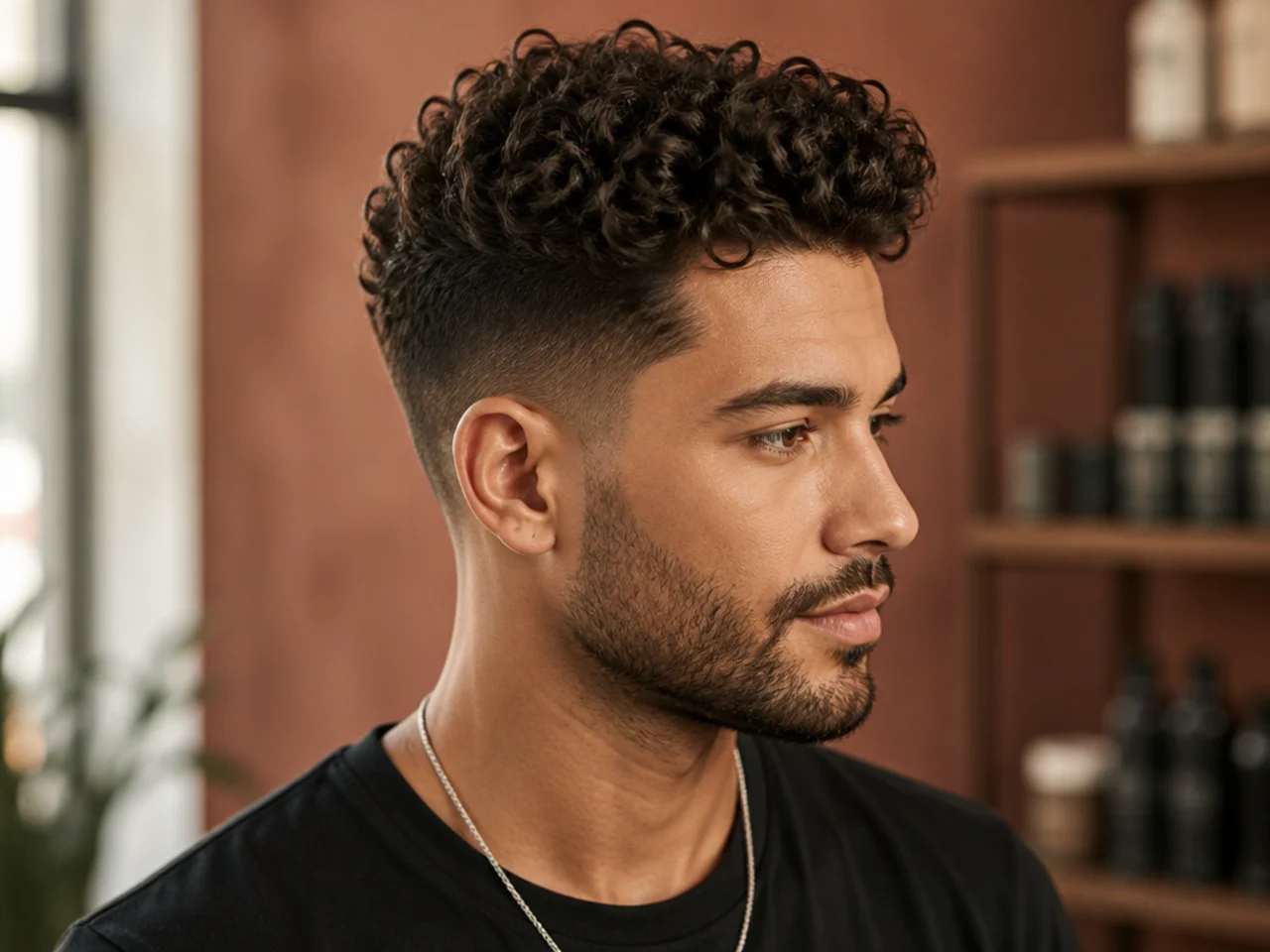 Overhead flat-lay of curly hair styling products for a curly quiff including leave-in conditioner, curl cream, curl custard, foam, and a wide-tooth pick