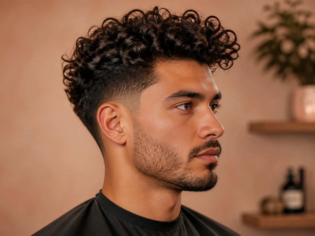 Front editorial portrait of a young Black man with a defined curly quiff, five-inch front lifted up and back, mid fade sides, matte natural finish