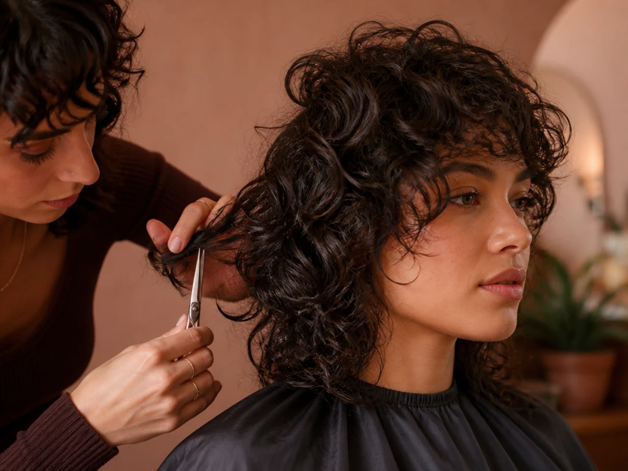 A curly shag being cut curl by curl while dry