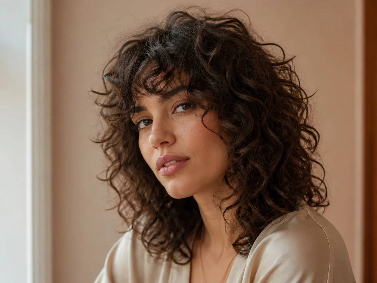 A curly shag with layers cut inside the shape