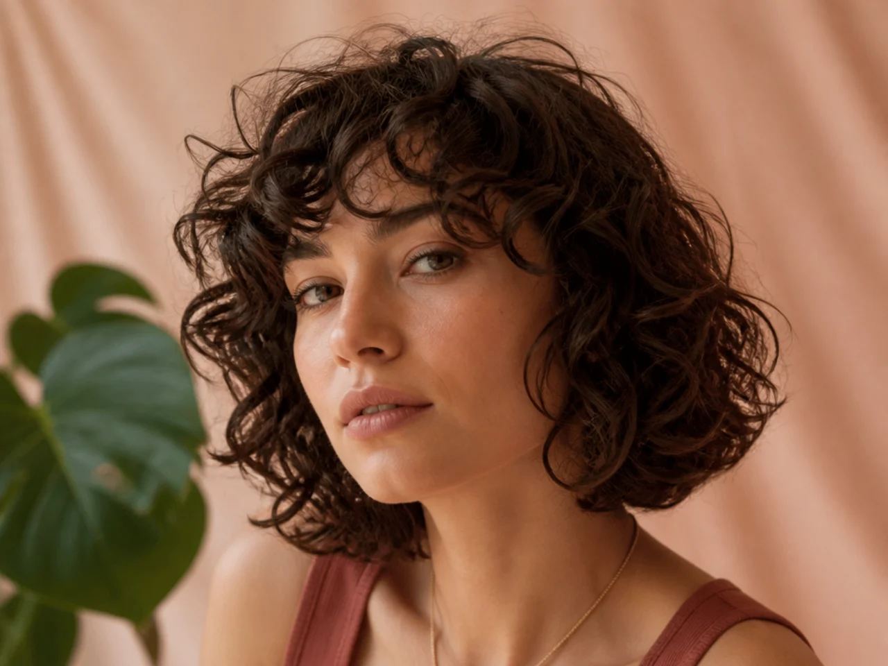 A curly shag bob cut to the chin