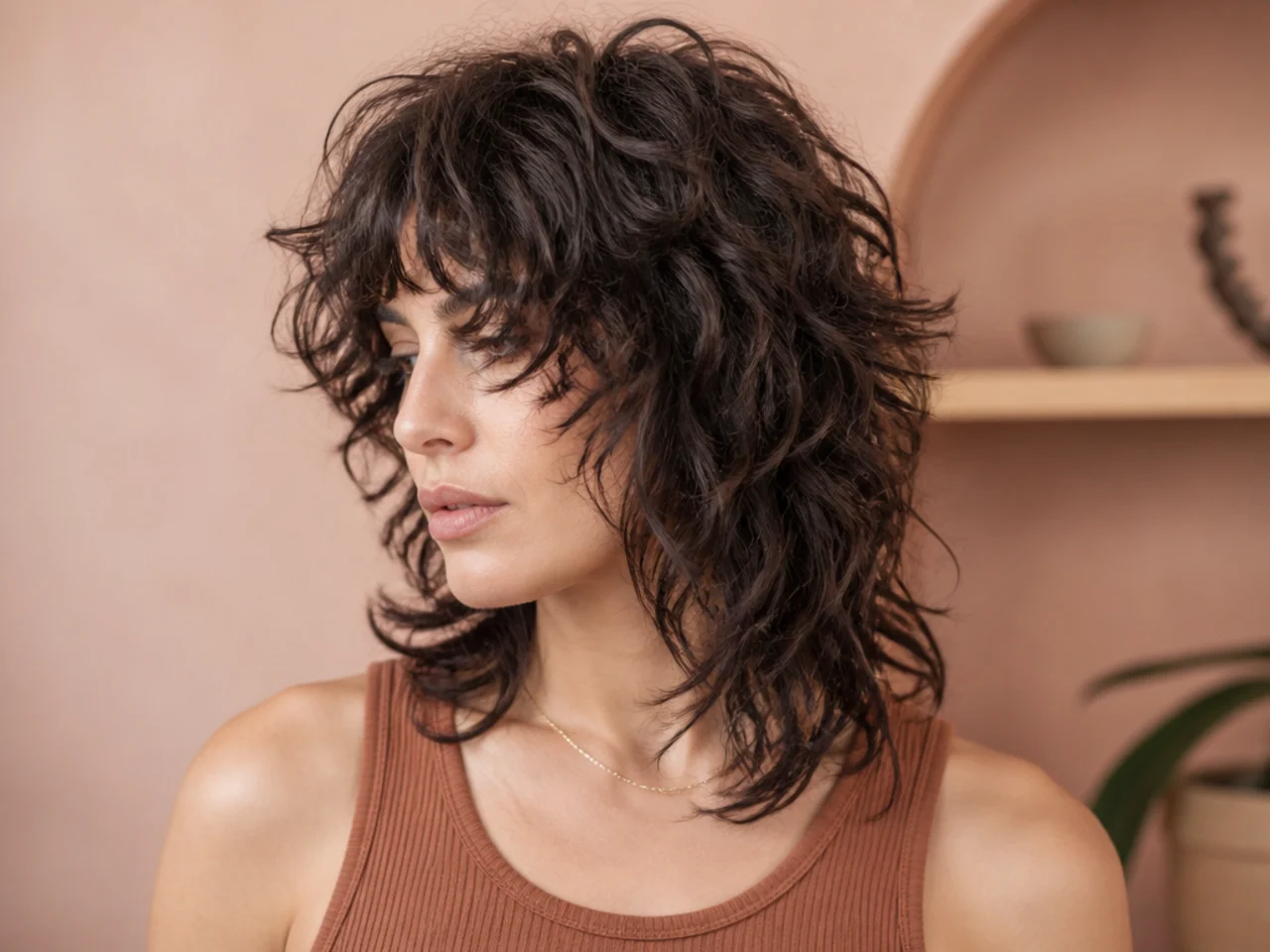 A curly shag wolf cut with a heavily layered crown