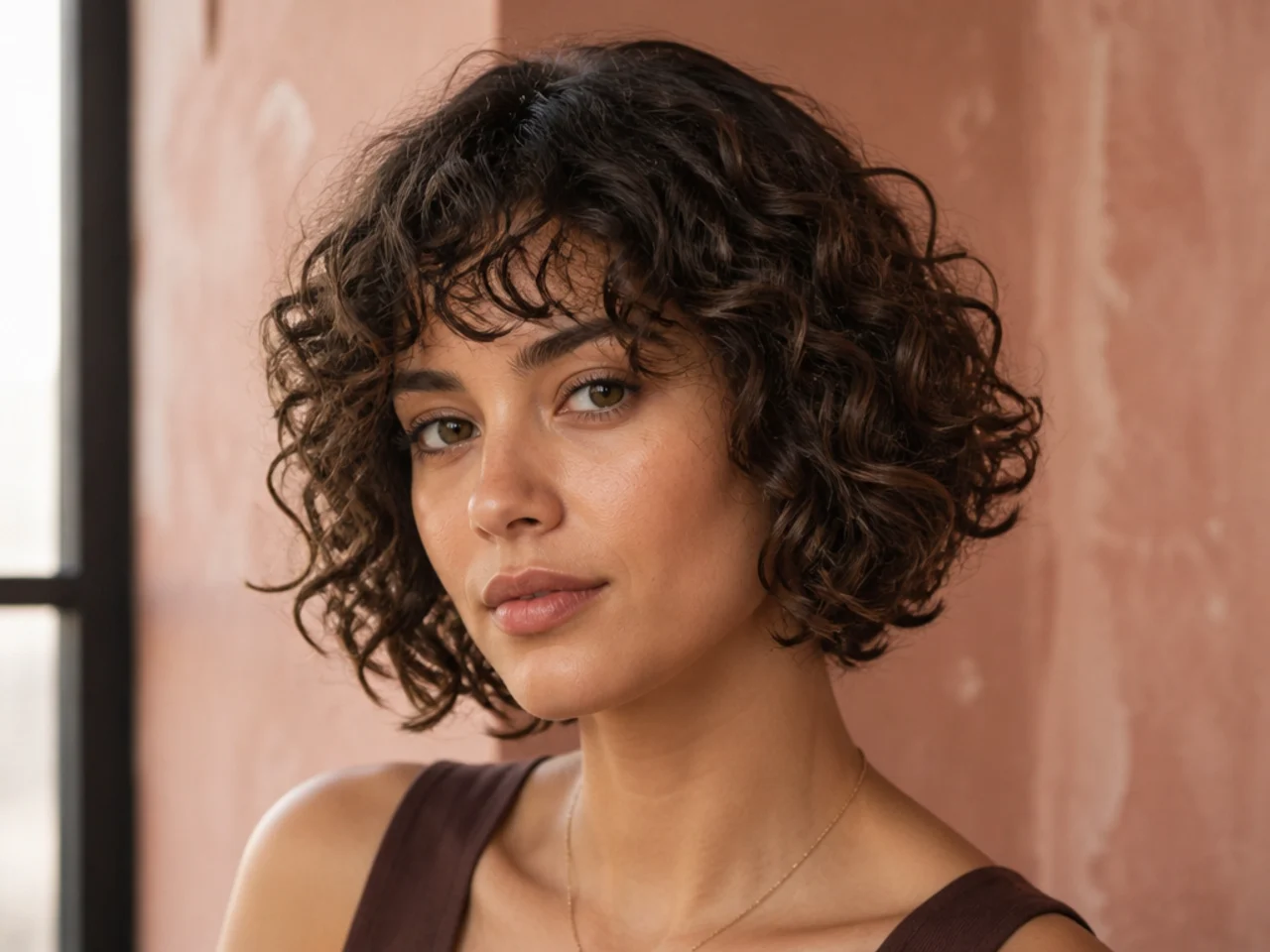 A short curly shag cut to the jaw